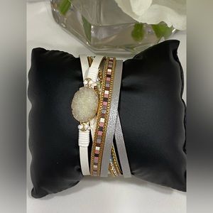 2/$25 NEW Gray White gemstone gem rhinestone chain women leather bracelet vegan